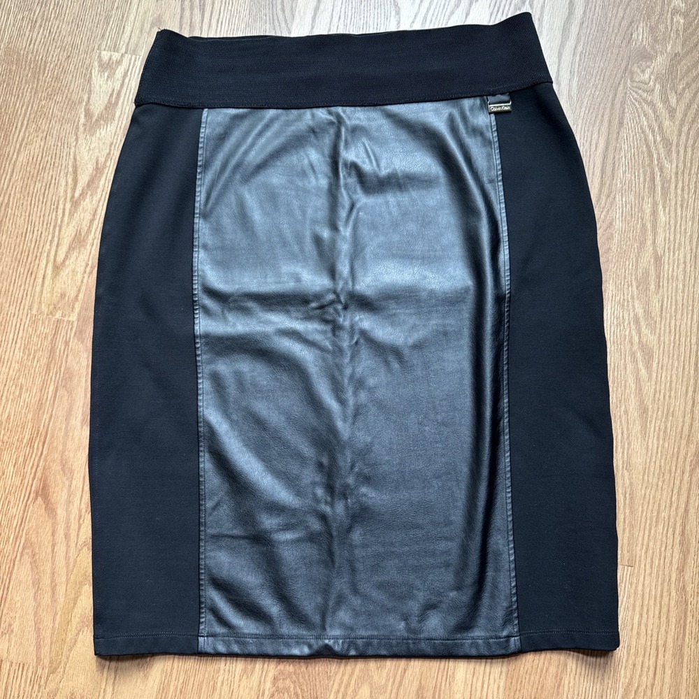 Calvin Klein Pencil Skirt Women's XL‎ Faux Leather Panel, Power Stretch, Slit